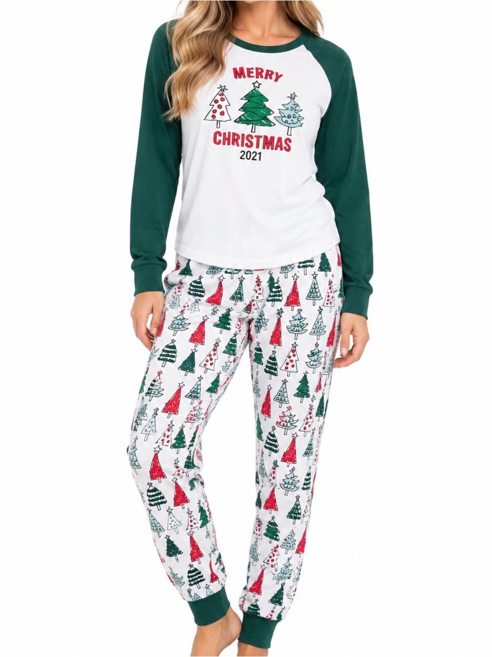 Women’s Merry Christmas 2021 Christmas Tree 2 Piece Pajama Set Holiday PJs XL